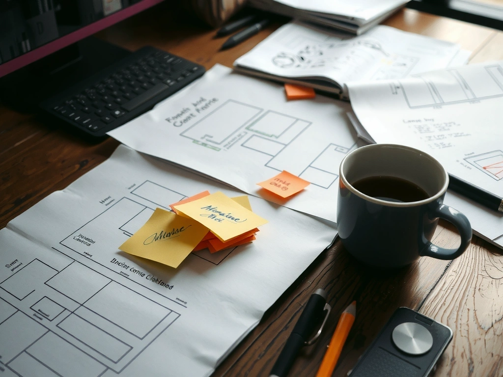 Bocetos y notas de diseño en papel